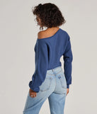 Layer-friendly Cozy Cutie Ribbed Knit Boat Neck Sweater is a chic, transitional blue long-sleeve top with contemporary sleeves and neckline design, ideal for an elevated cozy style or casual elegance.