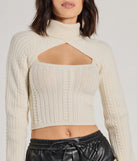 Layer-friendly Cozy Casual Cable Knit Turtleneck Sweater Topper is a chic, transitional ivory long-sleeve top with contemporary sleeves and neckline design, ideal for an elevated cozy style or casual elegance.