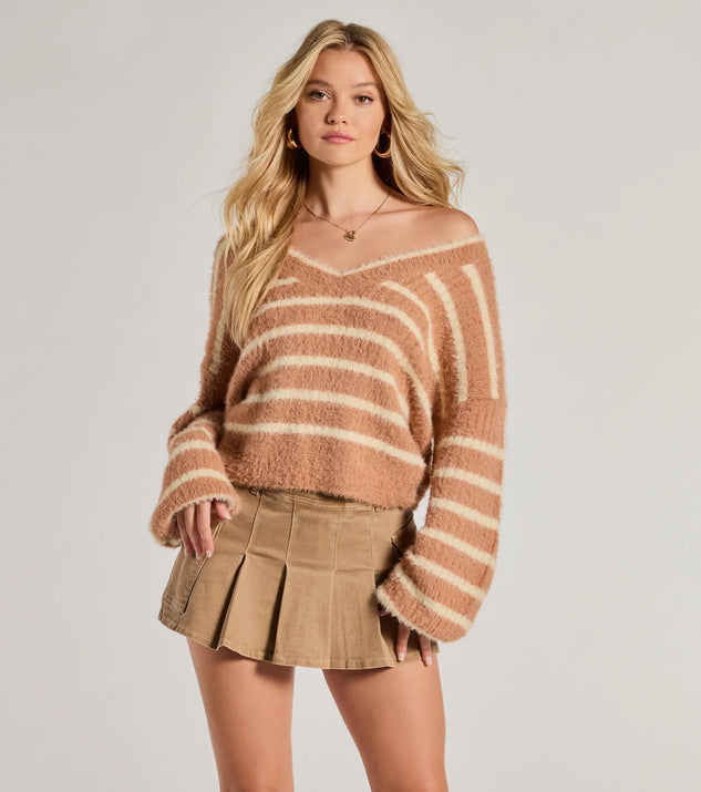 The Cozy Charm Striped Eyelash Knit Sweater in tan with a modern design and trendy look is part of the latest women's tops collection to elevate your 2025 wardrobe.