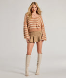 Layer-friendly Cozy Charm Striped Eyelash Knit Sweater is a chic, transitional tan long-sleeve top with contemporary sleeves and neckline design, ideal for an elevated cozy style or casual elegance.