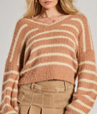Layer-friendly Cozy Charm Striped Eyelash Knit Sweater is a chic, transitional tan long-sleeve top with contemporary sleeves and neckline design, ideal for an elevated cozy style or casual elegance.