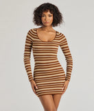 Everyday Trend Striped Knit Long Sleeve Mini Dress, a trendy brown mini dress featuring modern details and a fresh seasonal hue, perfect for creating chic 2025 looks.