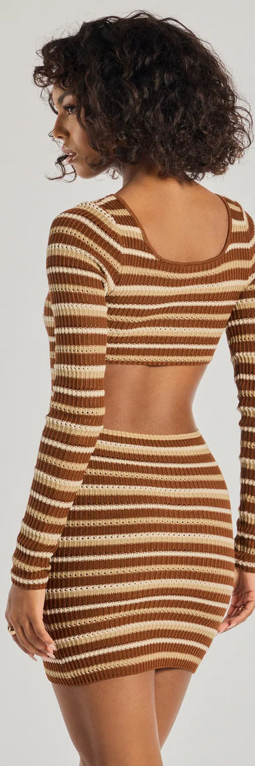 Flaunt your silhouette in the tight Everyday Trend Striped Knit Long Sleeve Mini Dress in brown, a bodycon dress that empowers your look with bold style and effortless edge.
