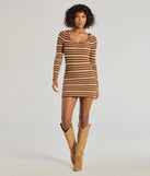 Make a bold statement in the Everyday Trend Striped Knit Long Sleeve Mini Dress in brown, the perfect summer dress for weddings, cocktail hours, nights out, and/or seasonal celebrations.