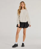 Layer-friendly Cozy Sparkle Rhinestone Ribbed Knit Sweater is a chic, transitional ivory long-sleeve top with contemporary sleeves and neckline design, ideal for an elevated cozy style or casual elegance.