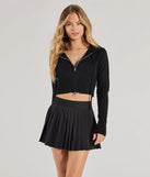 The Cute And Comfy Zip-Front Cropped Knit Hoodie in black with a modern design and trendy look is part of the latest women's tops collection to elevate your 2025 wardrobe.