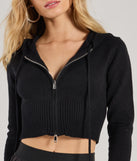 Layer-friendly Cute And Comfy Zip-Front Cropped Knit Hoodie is a chic, transitional black long-sleeve top with contemporary sleeves and neckline design, ideal for an elevated cozy style or casual elegance.