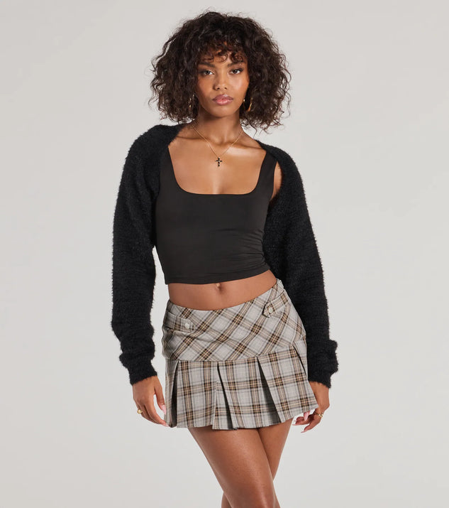 The Cuddly Cozy Eyelash Knit Sweater Bolero in black with a modern design and trendy look is part of the latest women's tops collection to elevate your 2025 wardrobe.