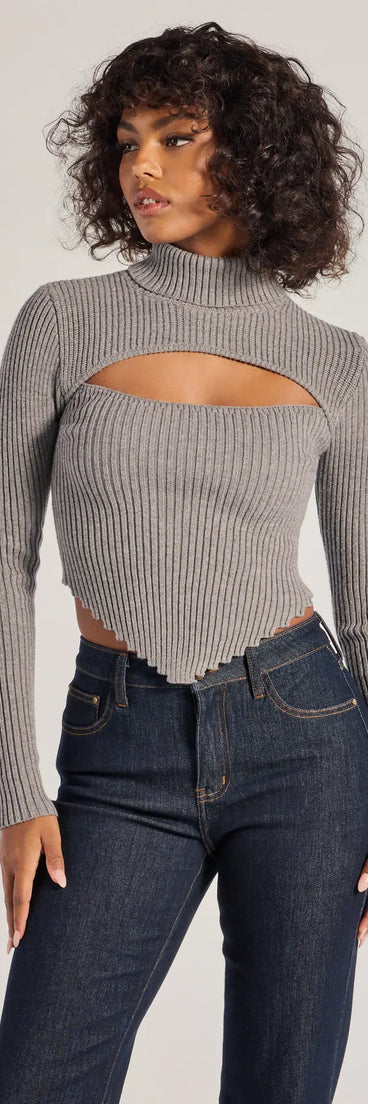 The Chic Muse Ribbed Knit Cutout Crop Top in charcoal with a modern design and trendy look is part of the latest women's tops collection to elevate your 2025 wardrobe.