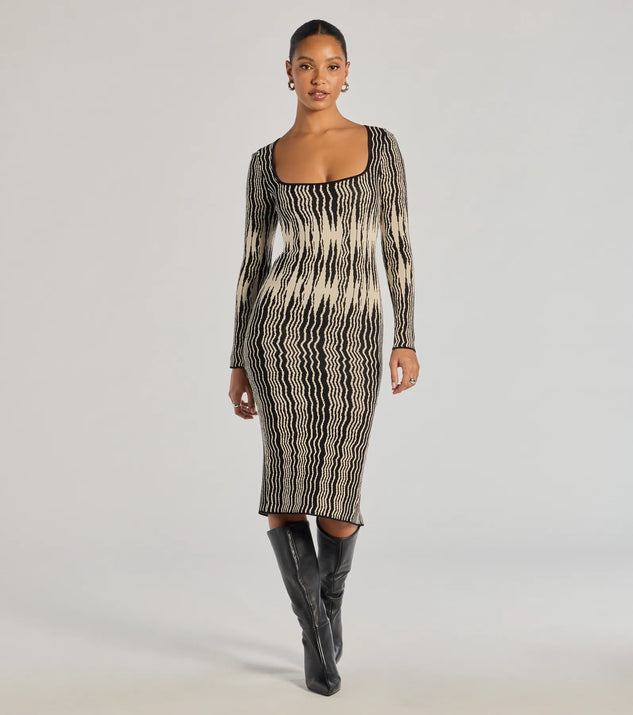 With its mid-calf hem and popular flattering fit, the Trendy Look Abstract Striped Knit Midi Sweater Dress in black nails the balance of trend and ease, redefining go-to midi dresses for any occasion.