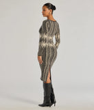 Flaunt your silhouette in the tight Trendy Look Abstract Striped Knit Midi Sweater Dress in black, a bodycon dress that empowers your look with bold style and effortless edge.