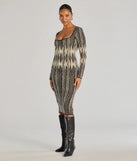 Make a bold statement in the Trendy Look Abstract Striped Knit Midi Sweater Dress in black, the perfect spring dress for weddings, cocktail hours, nights out, and/or seasonal celebrations.