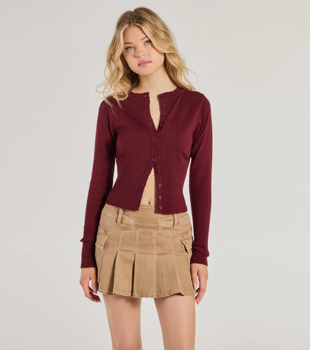 The Chic Staple Crew Neck Cropped Knit Cardigan in burgundy with a modern design and trendy look is part of the latest women's tops collection to elevate your 2025 wardrobe.