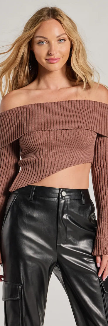 The Always Got The Glam Off-The-Shoulder Asymmetrical Crop Top in brown with a modern design and trendy look is part of the latest women's tops collection to elevate your 2025 wardrobe.