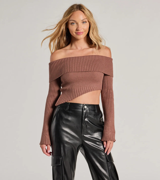 The Always Got The Glam Off-The-Shoulder Asymmetrical Crop Top in brown with a modern design and trendy look is part of the latest women's tops collection to elevate your 2025 wardrobe.