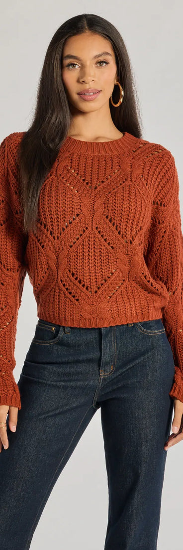 The Cozy Mood Cable Knit Pullover Sweater in rust with a modern design and trendy look is part of the latest women's tops collection to elevate your 2025 wardrobe.