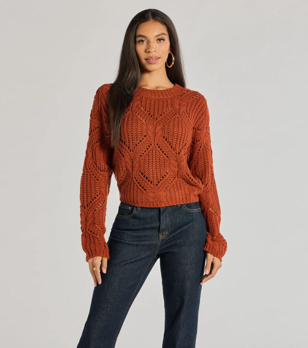 The Cozy Mood Cable Knit Pullover Sweater in rust with a modern design and trendy look is part of the latest women's tops collection to elevate your 2025 wardrobe.