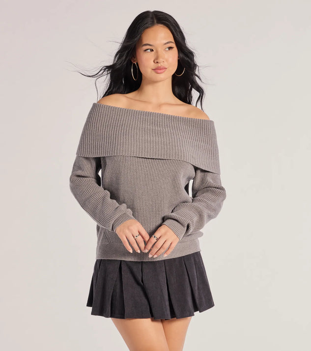 The Cozy Factor Ribbed Knit Off-The-Shoulder Sweater in charcoal with a modern design and trendy look is part of the latest women's tops collection to elevate your 2025 wardrobe.