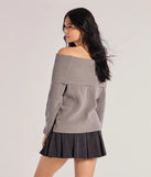Layer-friendly Cozy Factor Ribbed Knit Off-The-Shoulder Sweater is a chic, transitional charcoal gray long-sleeve top with contemporary sleeves and neckline design, ideal for an elevated cozy style or casual elegance.