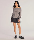 Make a statement this winter with the Cozy Factor Ribbed Knit Off-The-Shoulder Sweater, a charcoal gray long-sleeve top featuring a trendy shoulder design that adds a bold, festive touch to any club or party look.