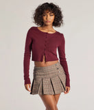 The Cozy Charm Cropped Knit Cardigan in burgundy with a modern design and trendy look is part of the latest women's tops collection to elevate your 2025 wardrobe.