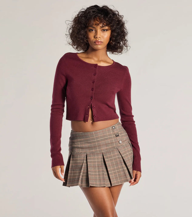 The Cozy Charm Cropped Knit Cardigan in burgundy with a modern design and trendy look is part of the latest women's tops collection to elevate your 2025 wardrobe.
