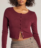 The Cozy Charm Cropped Knit Cardigan in burgundy with a modern design and trendy look is part of the latest women's tops collection to elevate your 2025 wardrobe.
