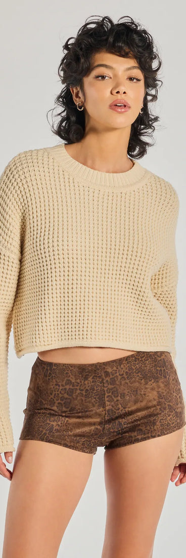 The Coziest Style Waffle Knit Crew Neck Sweater in beige with a modern design and trendy look is part of the latest women's tops collection to elevate your 2025 wardrobe.