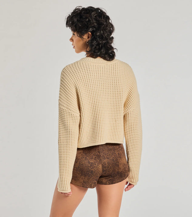 Waffle knit crew neck sweater sale