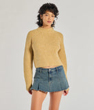 The Stylishly Casual Mock Neck Knit Sweater in mustard yellow with a modern design and trendy look is part of the latest women's tops collection to elevate your 2025 wardrobe.