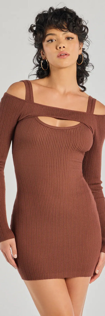 Effortless Vibe Ribbed Knit Long Sleeve Mini Dress, a trendy brown mini dress featuring modern details and a fresh seasonal hue, perfect for creating chic 2025 looks.