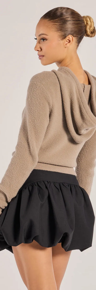 Layer-friendly Stay Cozy Ribbed Knit Pullover Hoodie is a chic, transitional taupe long-sleeve top with contemporary sleeves and neckline design, ideal for an elevated cozy style or casual elegance.