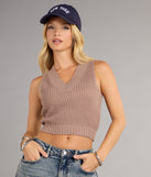 The Preppy Babe V-Neck Cropped Sweater Vest in taupe with a modern design and trendy look is part of the latest women's tops collection to elevate your 2025 wardrobe.