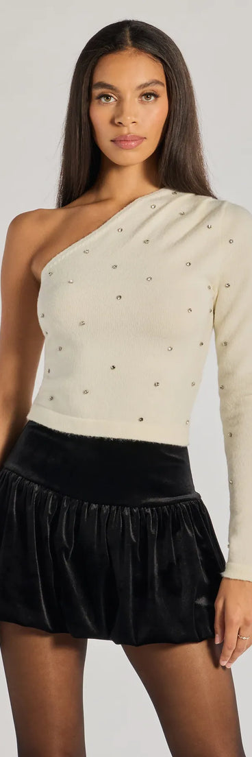 The All That Glam Rhinestone One-Shoulder Top in ivory with a modern design and trendy look is part of the latest women's tops collection to elevate your 2025 wardrobe.
