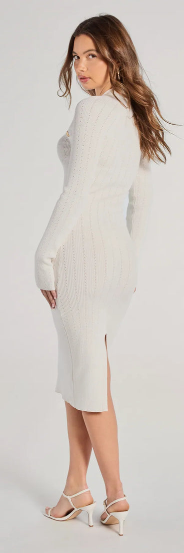 Whether you're headed to brunch or running errands, the Cute As A Button Mock Neck Knit Midi Dress in ivory delivers effortless style in a breathable, go-to casual dress.