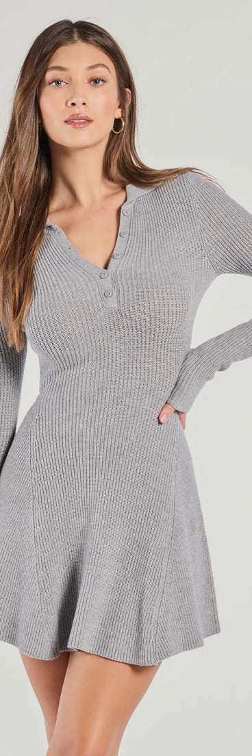 Cozy Prep Collared Long Sleeve Knit Skater Dress, a trendy gray mini dress featuring modern details and a fresh seasonal hue, perfect for creating chic 2025 looks.