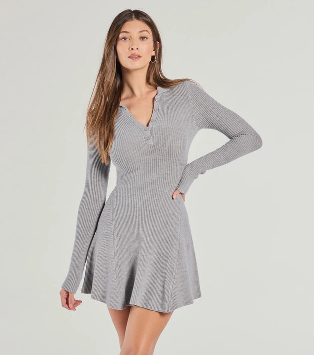Cozy Prep Collared Long Sleeve Knit Skater Dress, a trendy gray mini dress featuring modern details and a fresh seasonal hue, perfect for creating chic 2025 looks.
