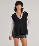 Wrap up in style with the Chic Girl Vibe Cable Knit Vest, a cozy black sweater for women designed for night-out looks, everyday outfits, or as a chic layering piece for the colder months.