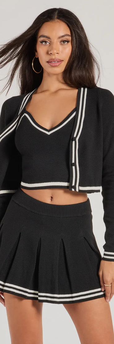 Effortlessly create party outfits or vacation-ready looks with the Preppy Please Striped V-Neck Crop Top, one part of a versatile women's black matching set perfect for quick and easy outfit combinations from layering chic outfits to transitioning your look seamlessly.