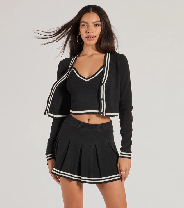 Effortlessly create party outfits or vacation-ready looks with the Preppy Please Striped V-Neck Crop Top, one part of a versatile women's black matching set perfect for quick and easy outfit combinations from layering chic outfits to transitioning your look seamlessly.