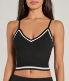 The Preppy Please Striped V-Neck Crop Top is a cozy black sweater top crafted from textured knits, perfect for transitional weather outfits or adding a warm layer to a casual day look.