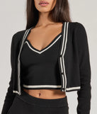 Layer-friendly Preppy Please Striped Button Crop Sweater is a chic, transitional lime green long-sleeve top with contemporary sleeves and neckline design, ideal for an elevated seasonal style or casual elegance.