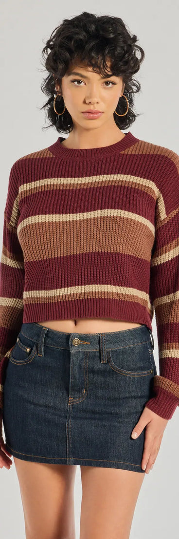 The Preppy Style Striped Knit Crew Neck Sweater in burgundy with a modern design and trendy look is part of the latest women's tops collection to elevate your 2025 wardrobe.