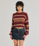 The Preppy Style Striped Knit Crew Neck Sweater in burgundy with a modern design and trendy look is part of the latest women's tops collection to elevate your 2025 wardrobe.