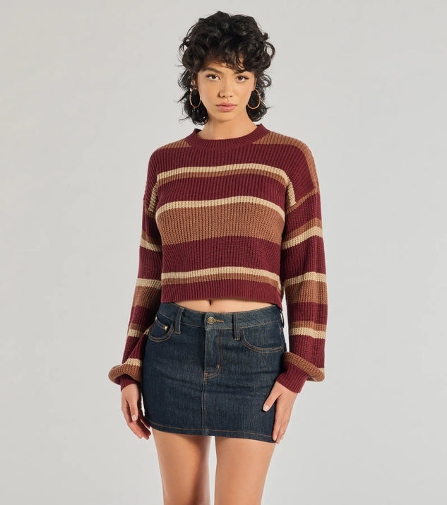 The Preppy Style Striped Knit Crew Neck Sweater in burgundy with a modern design and trendy look is part of the latest women's tops collection to elevate your 2025 wardrobe.