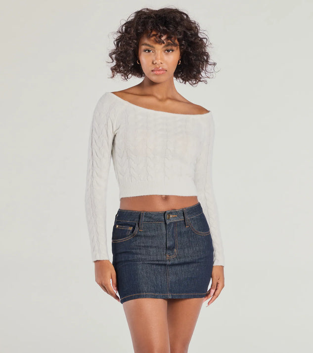 The Cozy Cutie Off-The-Shoulder Cable Knit Top in ivory with a modern design and trendy look is part of the latest women's tops collection to elevate your 2025 wardrobe.
