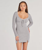 Such A Flirt Lace Trim Scoop Neck Knit Mini Dress, a trendy heather gray mini dress featuring modern details and a fresh seasonal hue, perfect for creating chic 2025 looks.