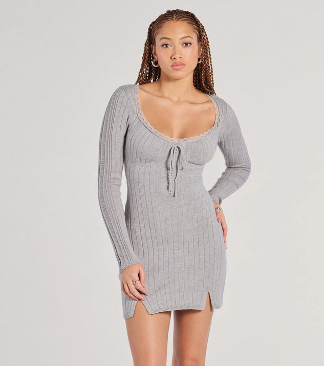 Such A Flirt Lace Trim Scoop Neck Knit Mini Dress, a trendy heather gray mini dress featuring modern details and a fresh seasonal hue, perfect for creating chic 2025 looks.