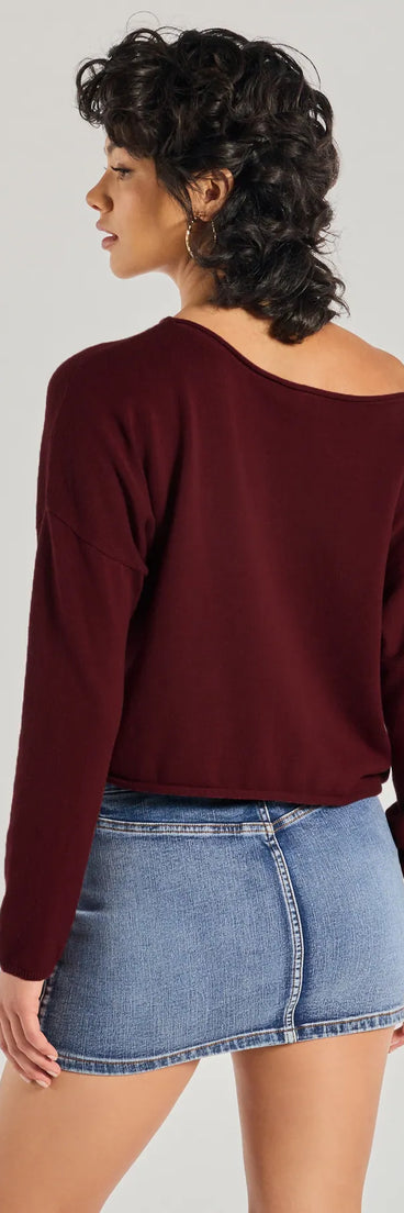 The Classic Chic Asymmetrical Cropped Pullover Sweater in burgundy with a modern design and trendy look is part of the latest women's tops collection to elevate your 2025 wardrobe.