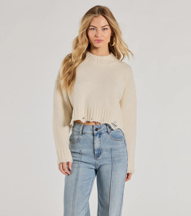 Wrap up in style with the On-Trend Distressed Knit Mock Neck Sweater, a cozy ivory sweater for women designed for night-out looks, everyday outfits, or as a chic layering piece for the colder months.